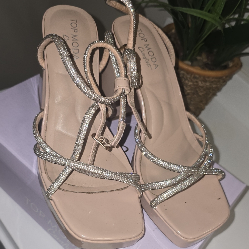 TOP Moda Blush Strappy Rhinestone Heels